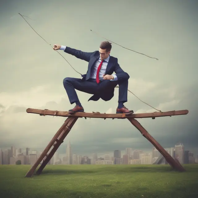An entrepreneur balances on a seesaw representing free enterprise (right side) and government intervention (left side), illustrating the delicate balance between the two in an economy