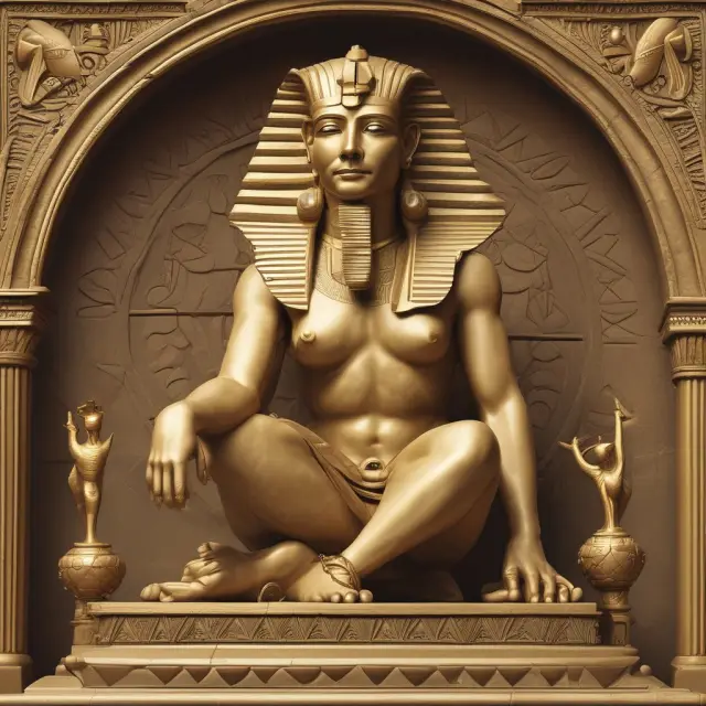 Sphinx holding a scale with gold coins and shekels, symbolizing fair distribution of resources through subsidies, fees, or private ownership