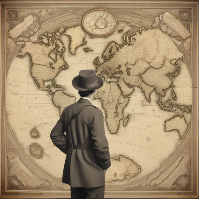 A time traveler navigates a world map, passing through marked points representing the origins and evolution of various free trade areas