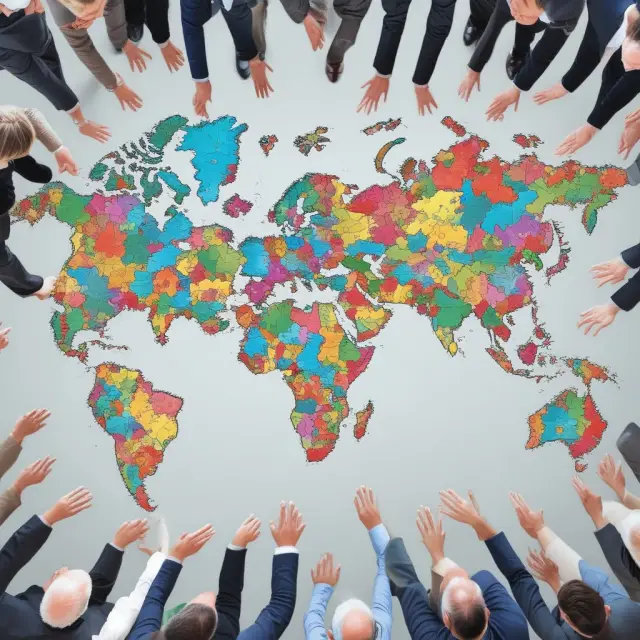 Institutional investors examining a globe with free trade area puzzle pieces in progression.