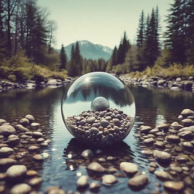 An unstable river with uneven pebbles representing the lumpy nature of Free Cash Flow and a crystal ball depicting potential misrepresentations of financial trends