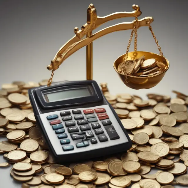 A set of golden scales balancing coins, representing Free Cash Flow, while a calculator indicates various valuation techniques: DCF, FCFE, and FCFF.