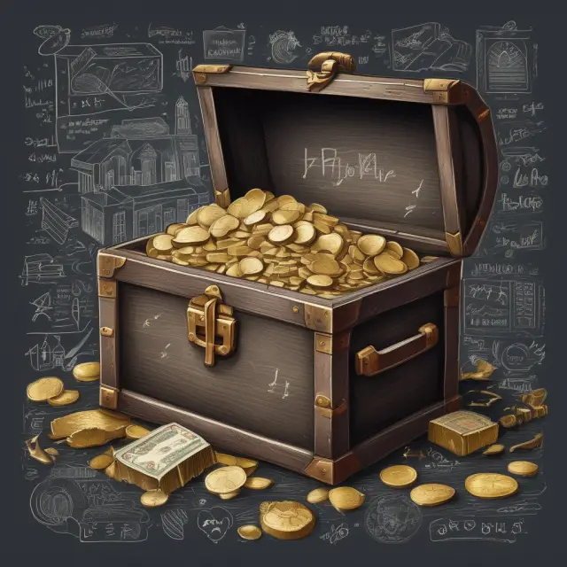 A treasure chest overflowing with gold coins representing Free Cash Flow to the Firm, surrounded by formulas and calculations flowing in. Illustrating financial health and profitability assessment.