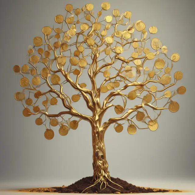 A gold-coated tree symbolizes Free Cash Flow to the Firm, with roots shaped as coins and interwoven branches representing the company