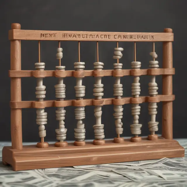 An ornate abacus representing FCFE calculation with scales balanced by Net Income, Capex, Working Capital, and Debt Issuance.
