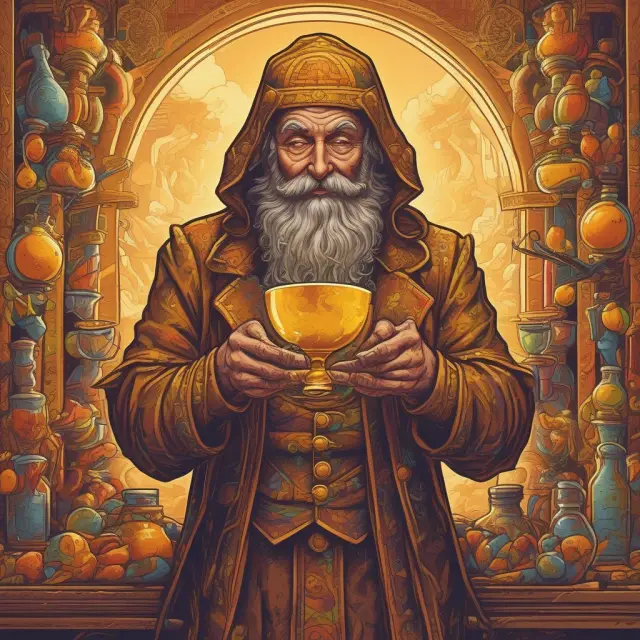 An alchemist, representing marketing, turning free users into premium subscribers with a magical elixir and gold coins symbolizing conversions