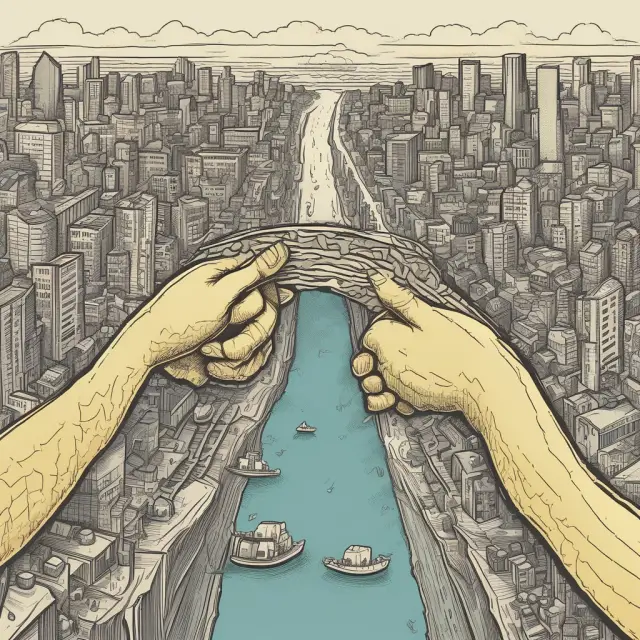 A golden-handed artist constructs bridges connecting frictional, cyclical, seasonal, and structural unemployment on a vibrant, evolving economic landscape