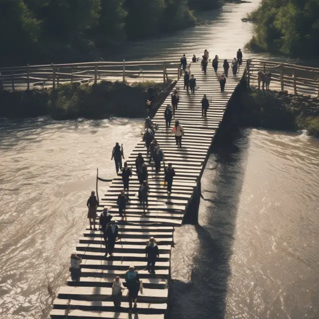 A metaphorical image of job seekers crossing a bridge over rivers representing unemployment benefits, illustrating the concept of frictional unemployment and consumer confidence.