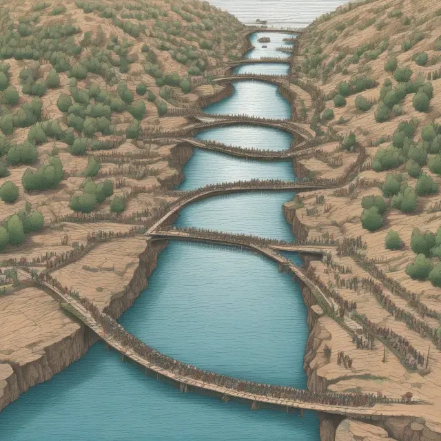 Workers transitioning to new opportunities represented by a flowing river leading to an employment bridge
