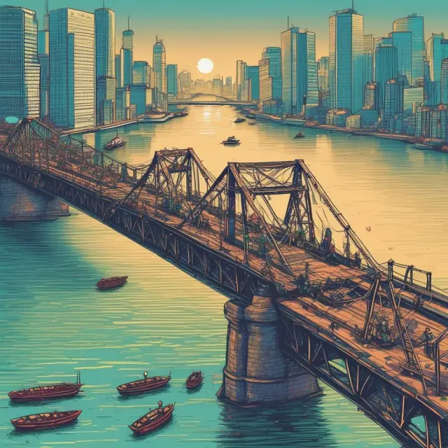 A metaphorical image of job-seekers crossing a bridge made of digital devices, connecting traditional and modern industries while wading through a river representing frictional unemployment.