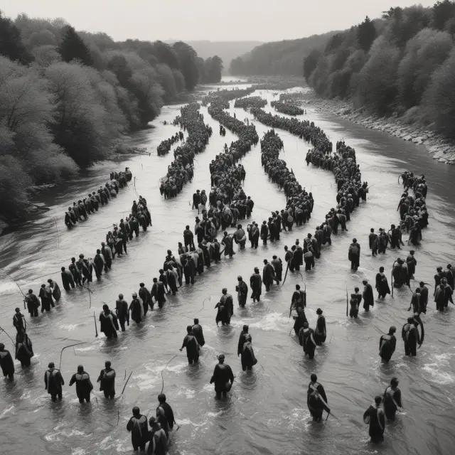 A dynamic river filled with individuals in boats signifying job seekers, flowing towards a bustling shore representing the labor market