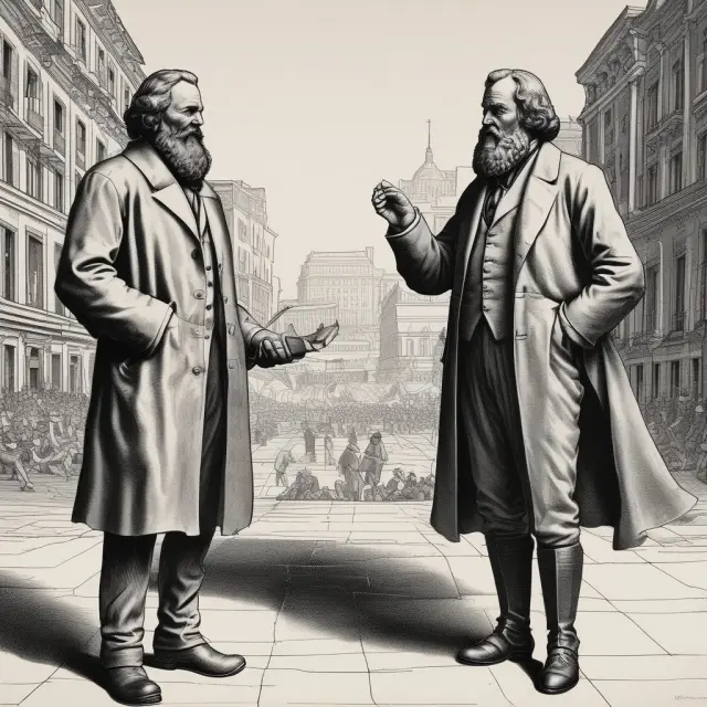 Friedrich Engels and Karl Marx constructing a city under pseudonyms, illustrating their impact on shaping social and economic structures during the industrial revolution.