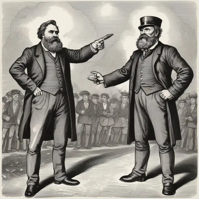 Two giants representing Friedrich Engels and Karl Marx, locked in a metaphorical struggle, symbolizing the bourgeoisie and proletariat class conflict
