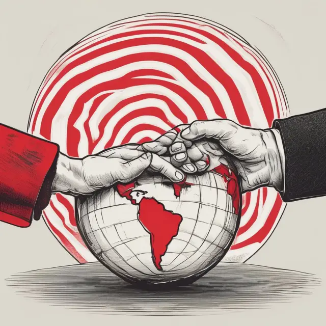 Golden fist representing capitalism meets open palm of communism over a globe, symbolizing the converging ideas of Marx and Engels during the Industrial Revolution