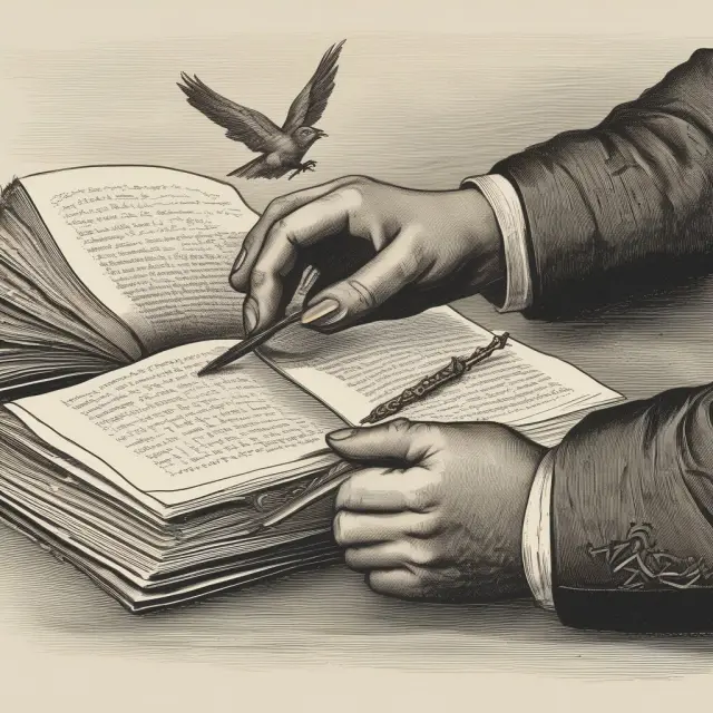 A golden quill pen between two hands, representing Marx and Engels, writes on open pages of Das Kapital.