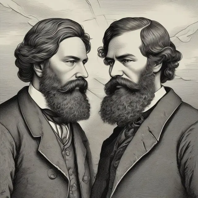 A depiction of Marx and Engels meeting for the first time in Berlin during the Young Hegelian period. This encounter marked the beginning of their influential partnership that shaped modern communism.