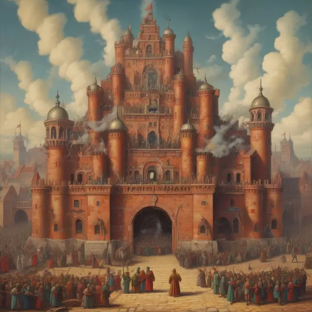 Gargantuan factories, children and women as bricks; Bourgeoisie on throne, proletariat storming gates - Engels