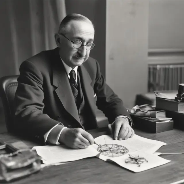 Hayek founding the Austrian Institute for Business Cycle Research in Vienna, signified by a compass symbolizing his dedication to exploring free market economics
