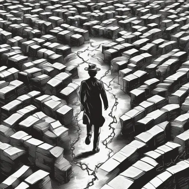 Man travels past serfs with books, signifying Hayek