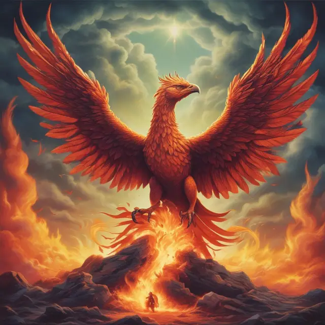 An image of Friedrich Hayek as a phoenix rising from the ashes, signifying his unwavering commitment to free-market capitalism despite socialist opposition
