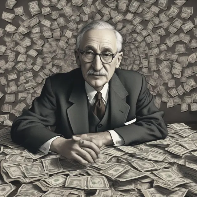 An image of Friedrich Hayek holding a kaleidoscope that, when turned, reflects the ever-changing prices shaping economic decisions in a free market economy