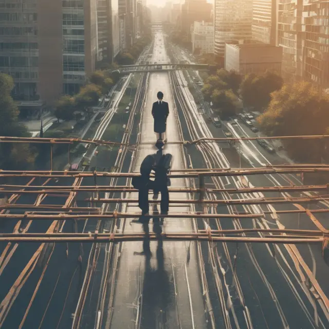 An FRM stands on a bridge, representing the balance between traditional finance and technology, holding a scale with economic uncertainty (left) and ethical considerations (right).