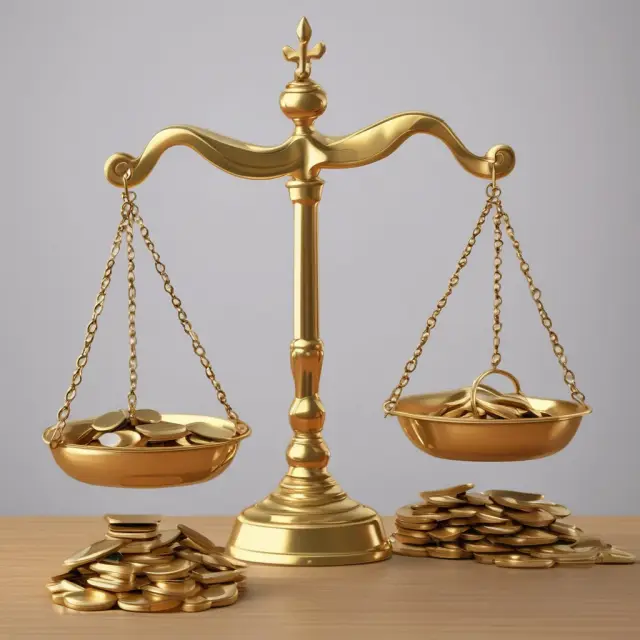 A golden scale tips towards a borrower, symbolizing a lower front-end DTI ratio, as debts and financial obligations shrink, enhancing affordability and mortgage approval chances.