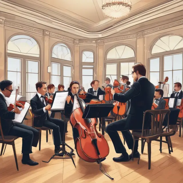 A metaphorical image of the front office as an orchestra, with various financial professionals interacting harmoniously to create a successful client experience.
