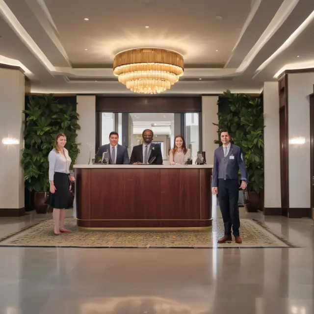 Receptionists welcoming guests and managing check-ins at a modern hotel lobby