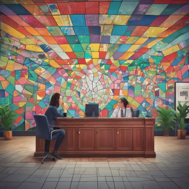 A colorful mosaic representing various careers in the front office, symbolizing customer interaction and revenue generation