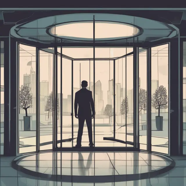 A door with financial symbols rotating, representing the constant influx of clients and changing industry landscape for front office roles.