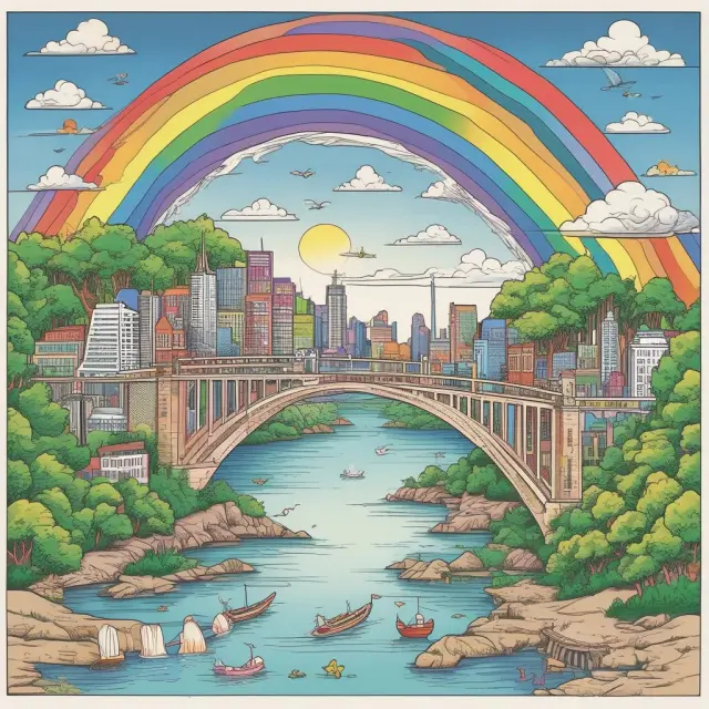 A rainbow bridge connecting various FTSE indices: FTSE 100, FTSE 250, FTSE 350, and FTSE All-Share, symbolizing diverse investment opportunities.