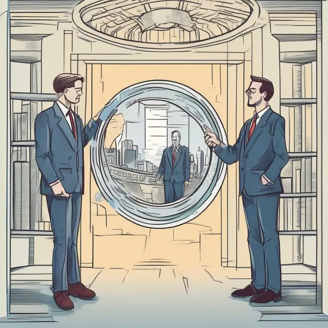 An institutional investor studying a reflection of intricate full costing accounting processes in a mirror, ensuring an accurate view of profitability