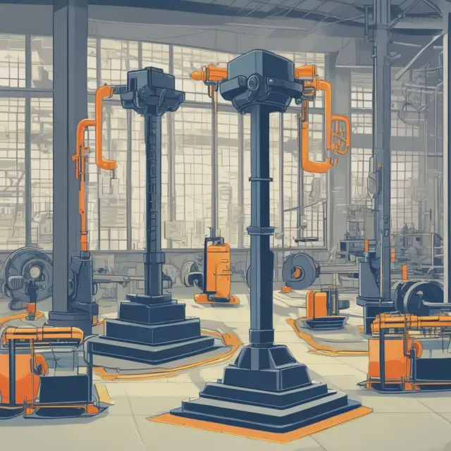 A balanced scale with fixed costs represented by weights on one side and variable costs on the other in a manufacturing setting
