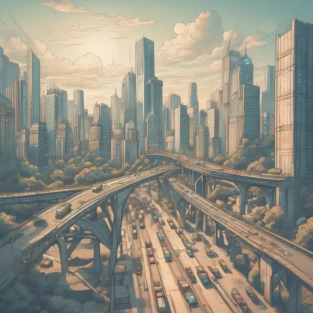 An image of a bridge built from books and laptops, symbolizing education and technology, with workers crossing it towards new opportunities