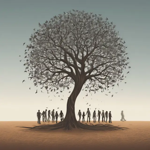 A tree with people as leaves blowing in the wind, symbolizing workers seeking new opportunities or entering labor markets