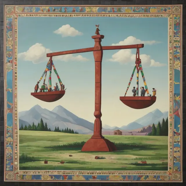 An illustration of a seesaw balancing interests between early investors and later-round financiers on a vibrant financial mosaic background, representing fairness in startup funding.