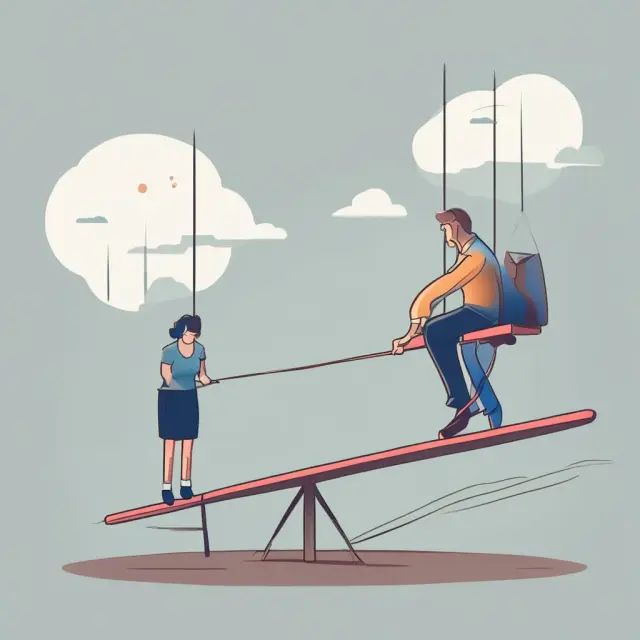Employee balancing on a seesaw between fully vested (stable) and partially vested (uneven) retirement benefits