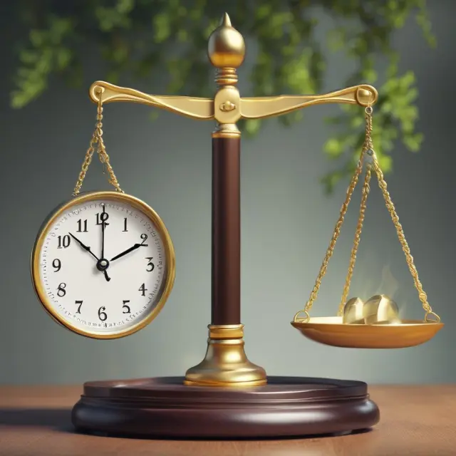 A scale with golden weights balanced between a clock and a tree: employment tenure represented by the clock, growth symbolized by a tree; vesting schedules