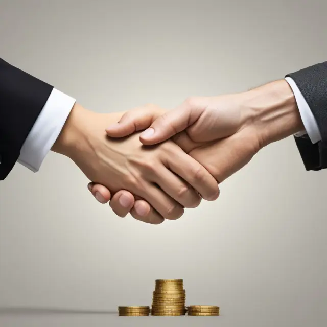 Employer and employee shake hands over golden retirement fund pots, symbolizing company-contributed and employee-contributed funds growing together