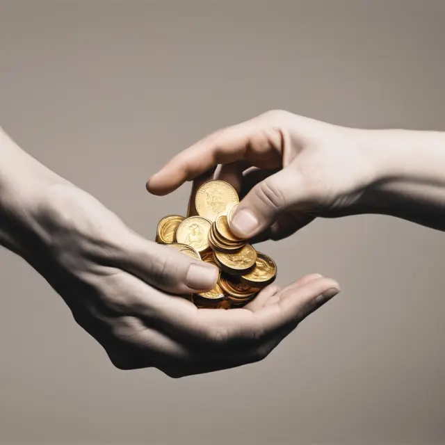 Image of two hands; one holds a stack of golden coins slowly releasing them, while the other is empty, symbolizing gradual and immediate vesting