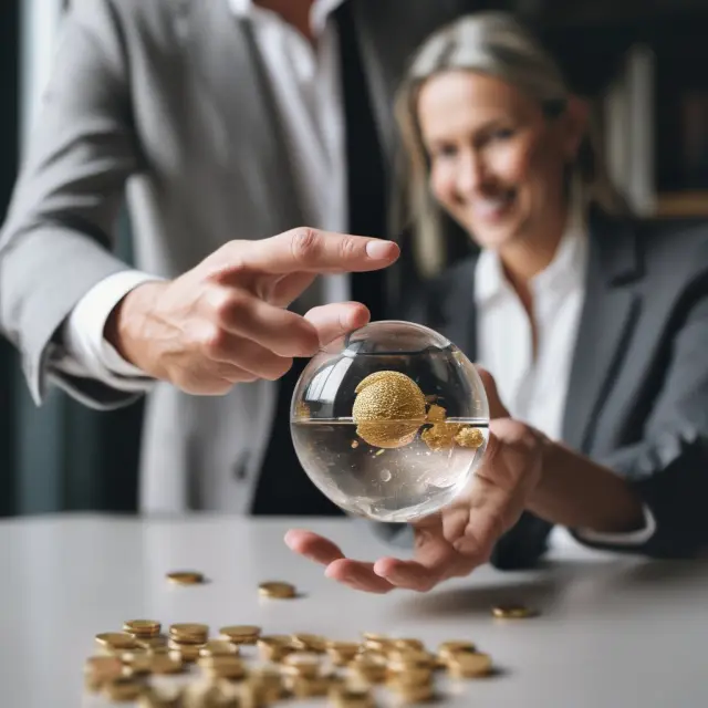 A financial advisor consulting an employee on managing fully vested retirement benefits through diversification strategies, illustrated as golden coins flowing towards a diverse investment portfolio