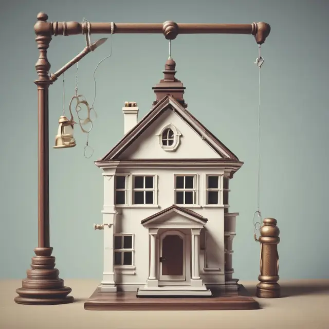 A mortgage pendulum swings between an old loan and a new loan, symbolizing the process of refinancing.