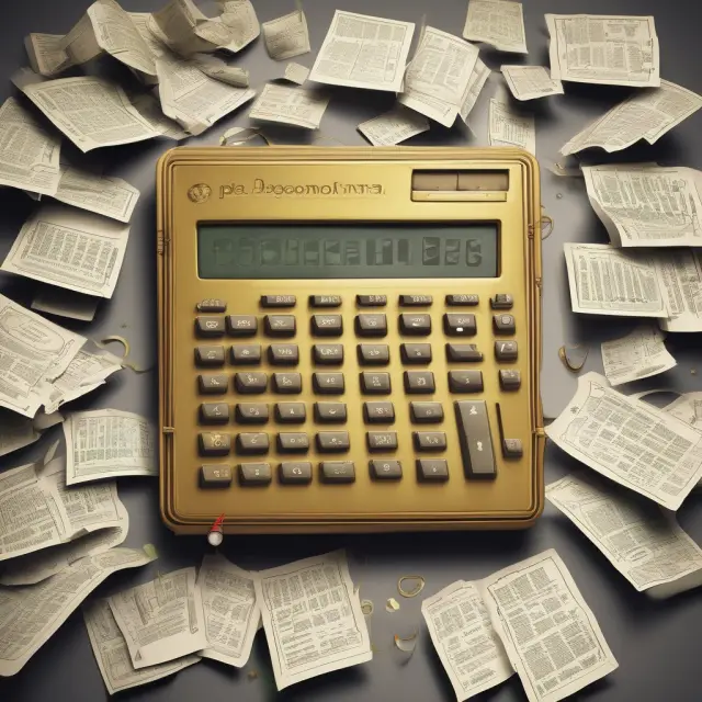 A golden calculator representing the calculation of fully diluted shares, with convertible bonds, preferred stock, employee stock options, rights, and warrants converging into a single share stream