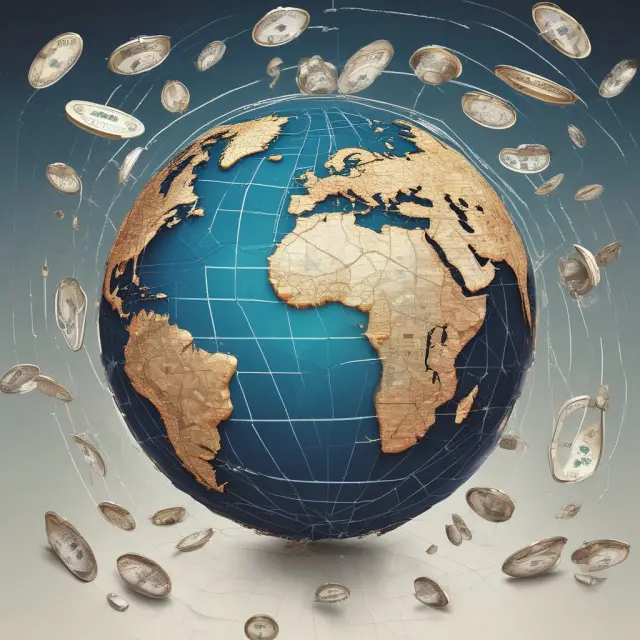 A world map with fluid currency streams representing the international spread of Functional Currency standards: FASB, IAS, GAAP