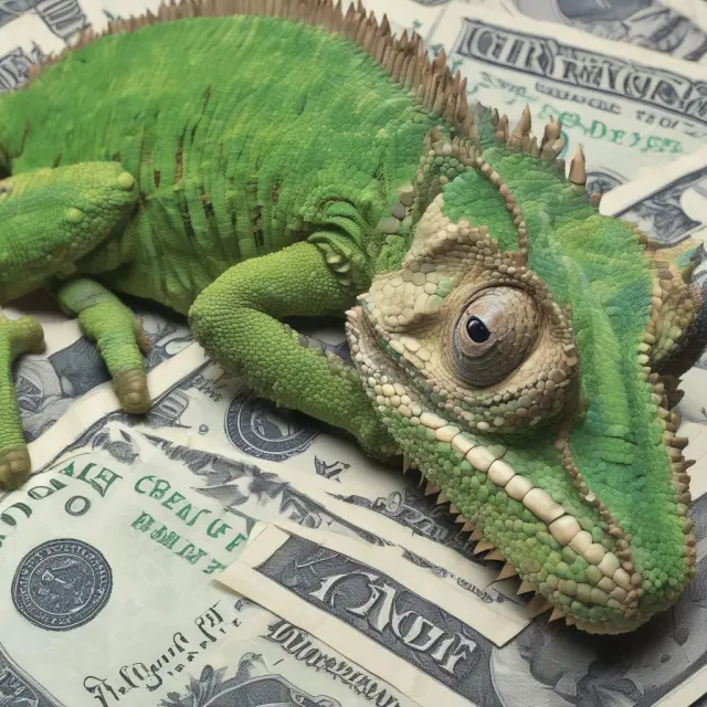 A chameleon morphing its color based on exchange rates, symbolizing functional currency conversion and the impact on a company