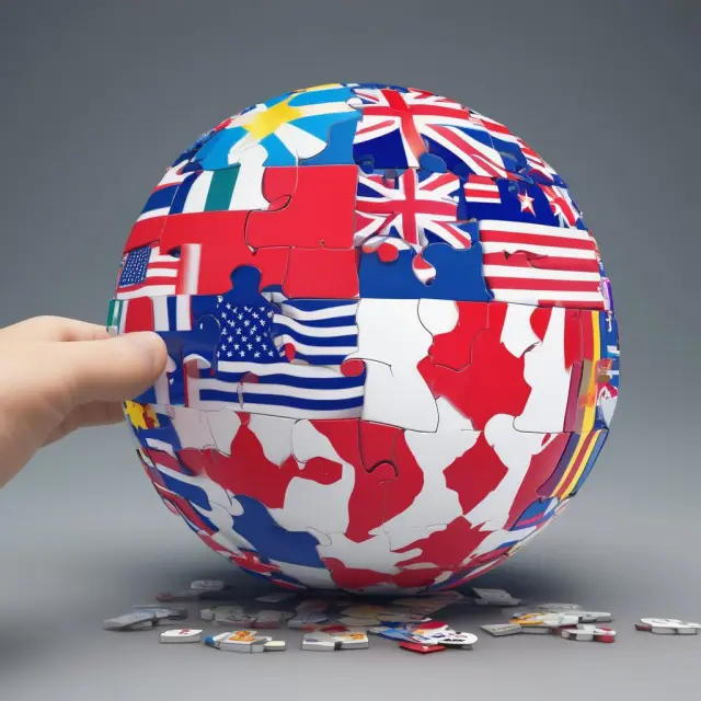 A person meticulously assembling a jigsaw puzzle made up of puzzle pieces representing various national flags, illustrating the consolidation process of multiple functional currencies.