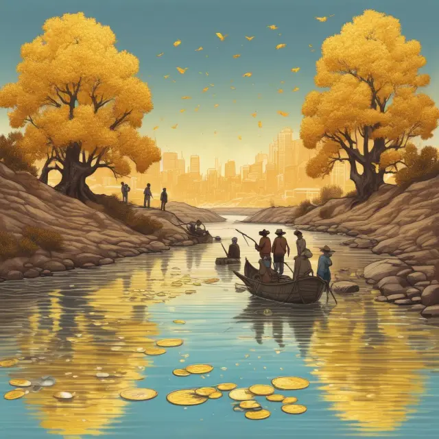 Golden riverbank where investors cast coins symbolizing fund inflows and outflows.