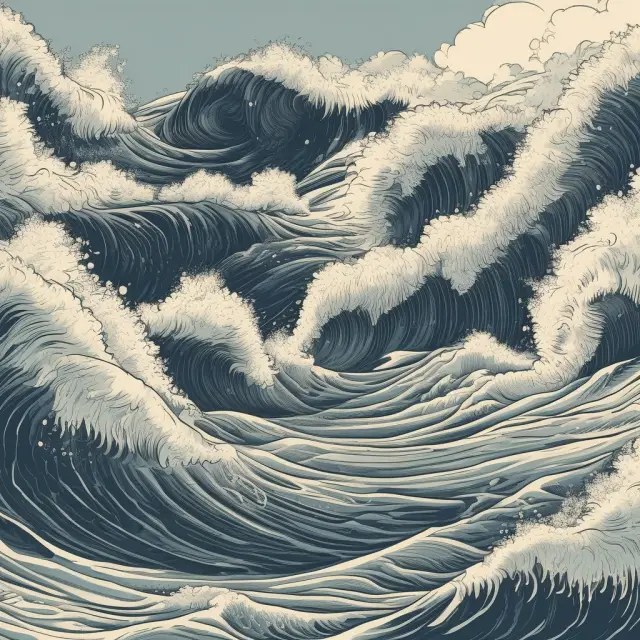 A rolling ocean wave representing investor sentiment, with fund flow data visualized as smaller ripples