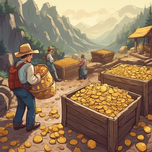 Artwork depicting investors examining gold coins moving between stockpiles and a treasure chest, illustrating successful fund flow analysis